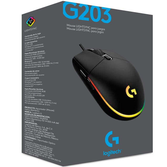 Mouse Gamer Logitech G203 RGB Lightsync 8000 DPI Preto 910005793