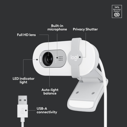 Webcam Full HD Logitech Brio 100 Branca 1080p USB - 960-001615