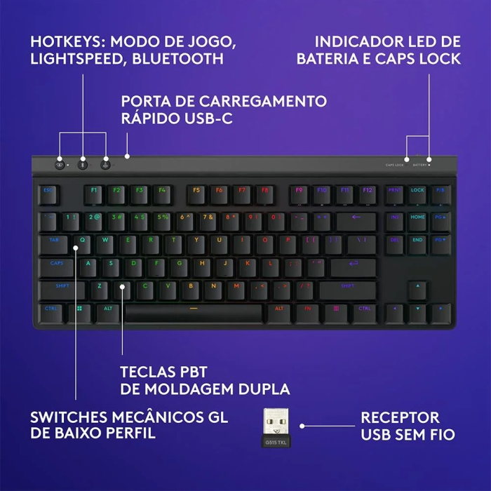 Teclado Sem Fio Mecânico Logitech G515 TKL RGB Lightspeed Bluetooth ...