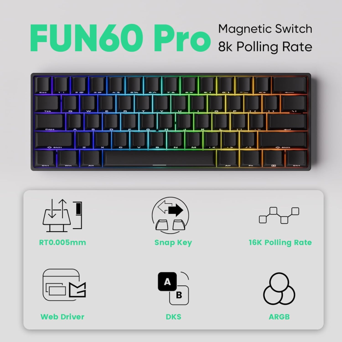 Teclado Magnético Akko x Monsgeek FUN60 Pro SP Preto 8K Com Fio