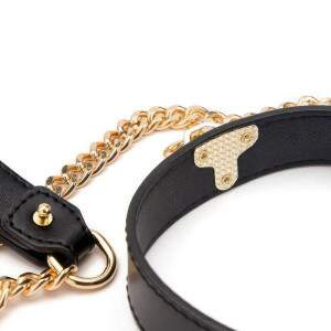 Coleira Bondage com Corrente Guia Luxo Preto com Metais Dourado