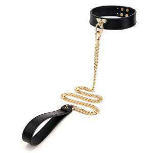 Coleira Bondage com Corrente Guia Luxo Preto com Metais Dourado