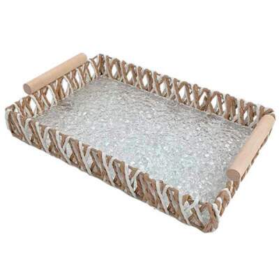 Bandeja de Palha Entrecasa com Ala de Madeira 50cm x 32cm Bicolor