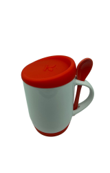 Caneca de Ceramica Branca com Colher, Ala e Tampa Base em silicone - Vermelha 325ml