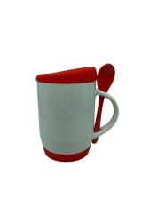 Caneca de Ceramica Branca com Colher, Ala e Tampa Base em silicone - Vermelha 325ml