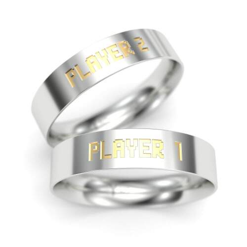 Par de Alianas em Prata - Player 1 Player 2 - Detalhes em Ouro 18k