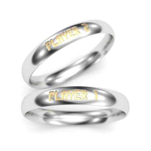 Par de Alianas em Prata - Player 1 Player 2 - 3mm - Detalhes em ouro 18k