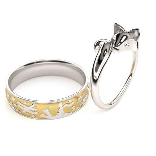 Aliana em Prata 925 com aplique de ouro 6mm + Solitrio Raposa - Prata 925 - Pequeno Principe