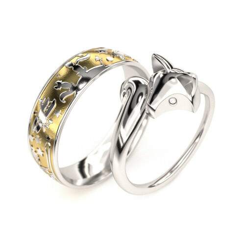 Aliana em Prata 925 com aplique de ouro 6mm + Solitrio Raposa - Prata 925 - Pequeno Principe