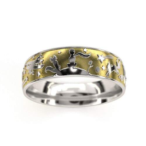 Aliana em Prata 925 com aplique de ouro 6mm + Solitrio Raposa - Prata 925 - Pequeno Principe