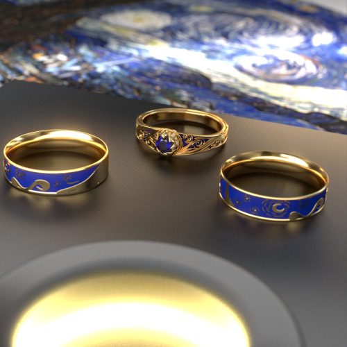 Par de alianas em ouro 18k + solitrio - Noite Estrelada - Starry Night