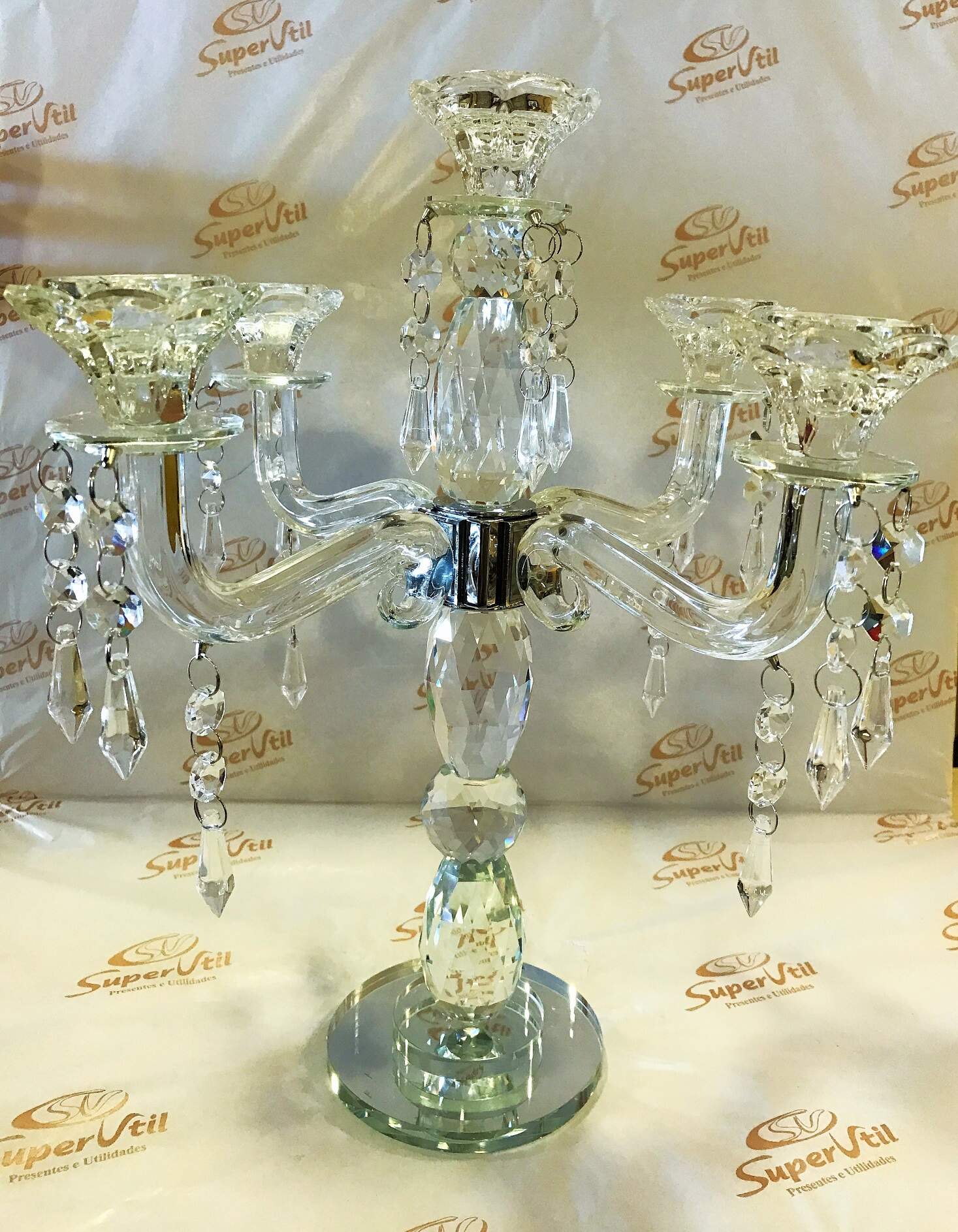 Candelabro Cristal 5 Velas Pingentes 37x34cm
