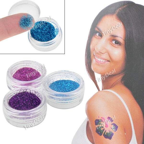 Professional 3 Cor Glitter Tattoo Kit Shimmer Body Art com 10 Stencils