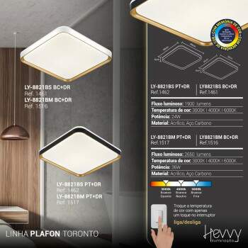 Luminria Plafon LED TORONTO Multicolor 3000K 4500K 6000K 24W LY-8821BS Preto e Dourado