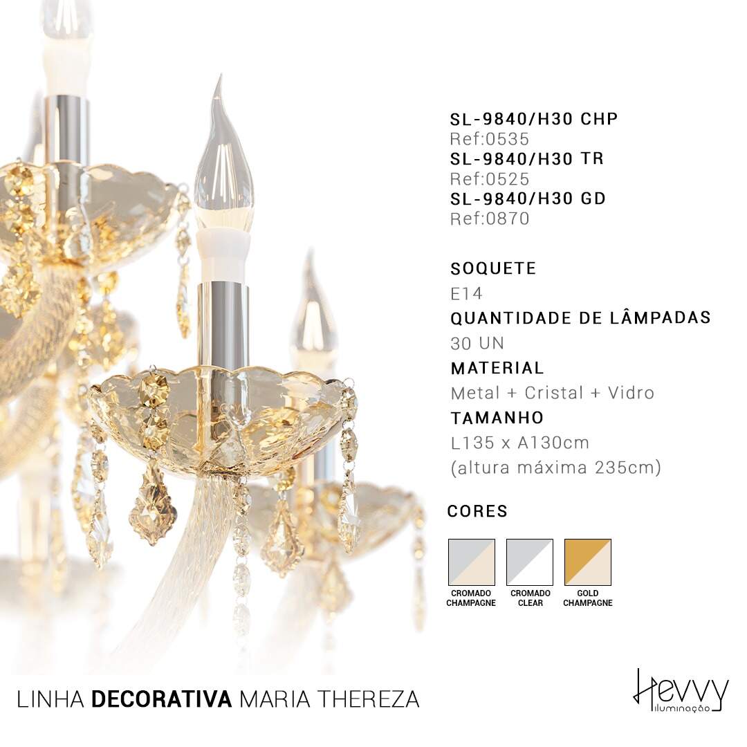 Lustre MARIA THEREZA dourado e champagne 30 Braços 30X E14 SL-9840/H30
