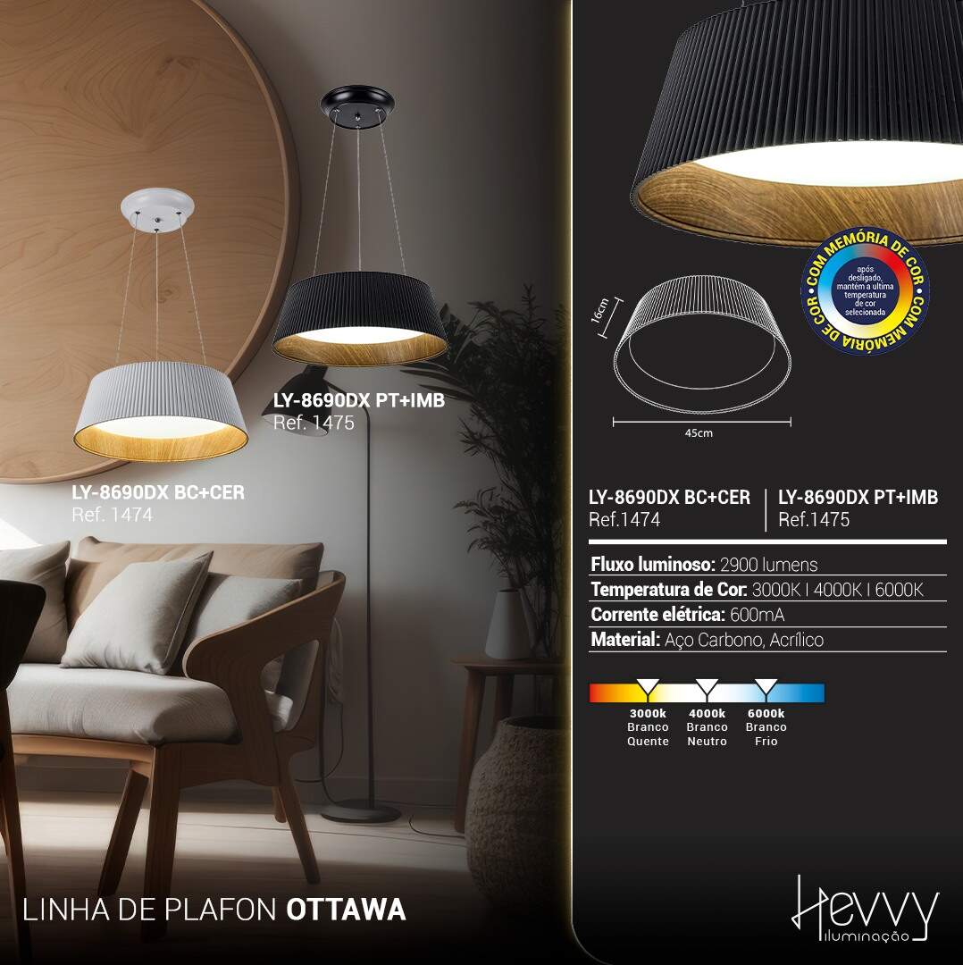 Pendente e Plafon OTTAWA 45cm 36W preto e imbuia LY-8690DX PT+IMB