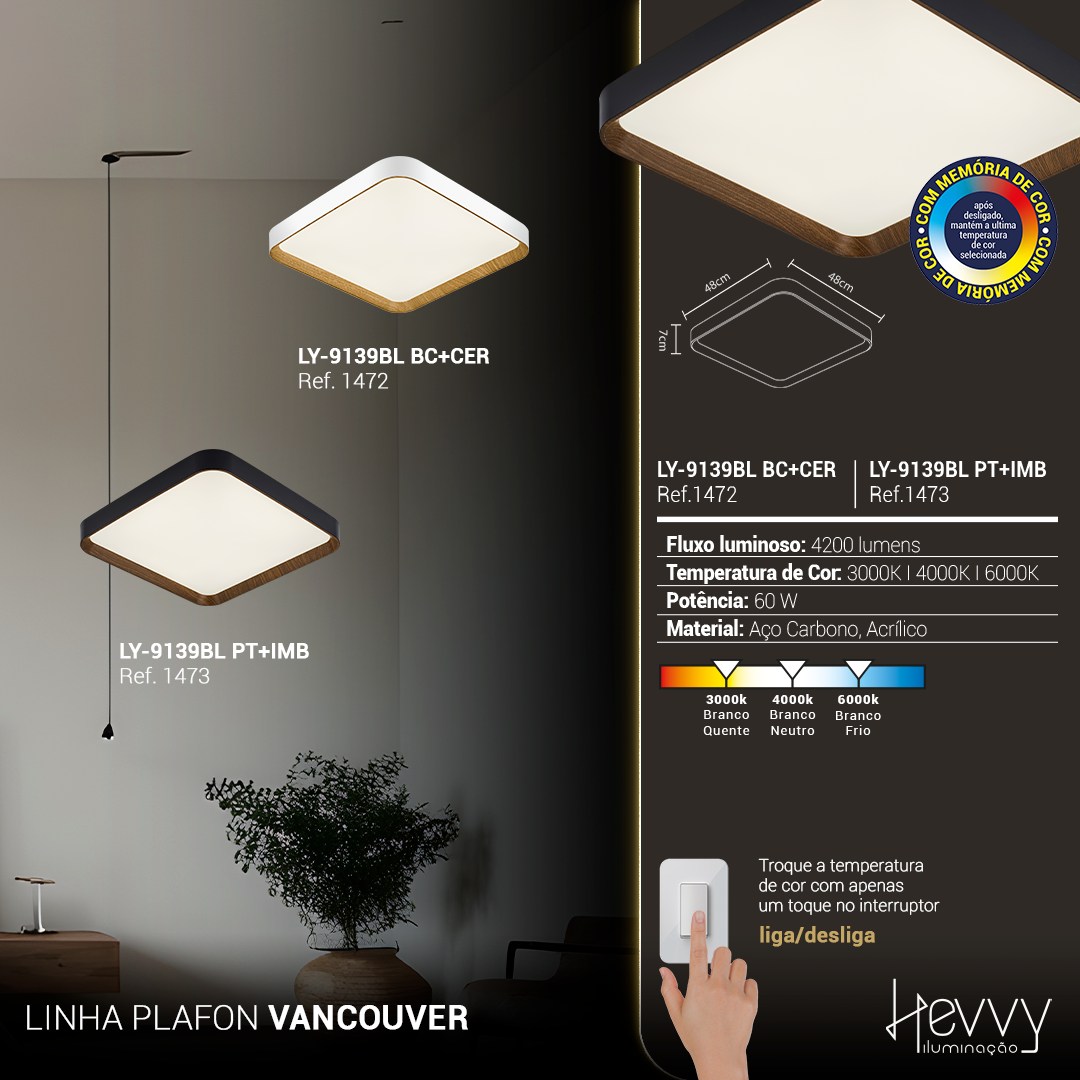 Plafon VANCOUVER 48CM 60W preto e imbuia multicolor LY-9139BL PT+IMB
