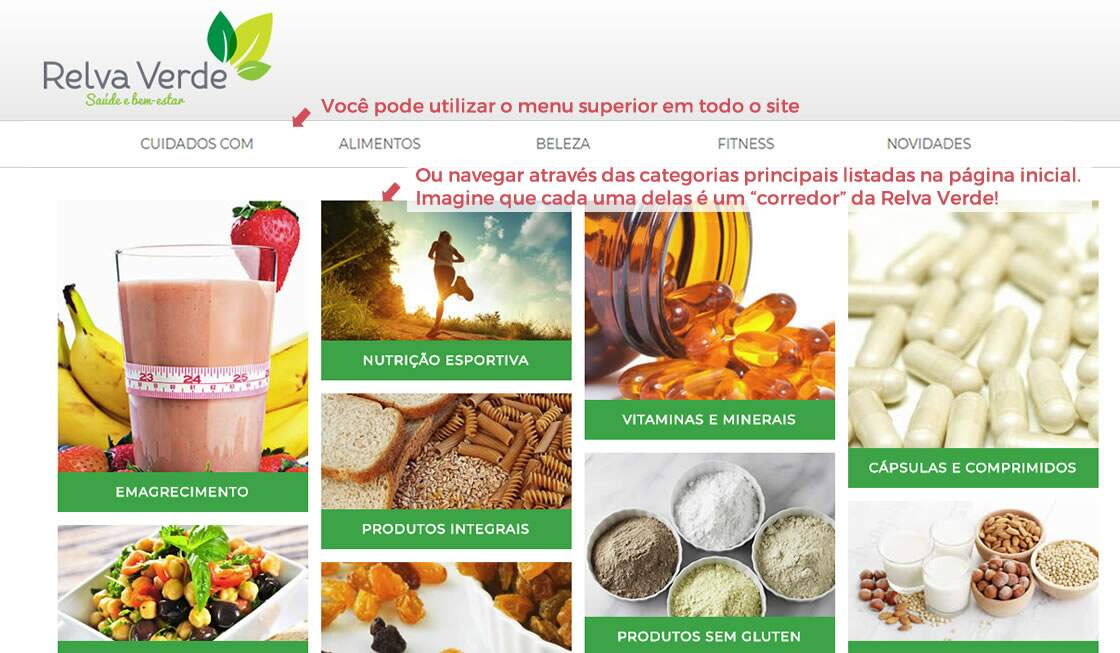 04 - Escolha seus produtos através do menu superior disponível em todas as páginas