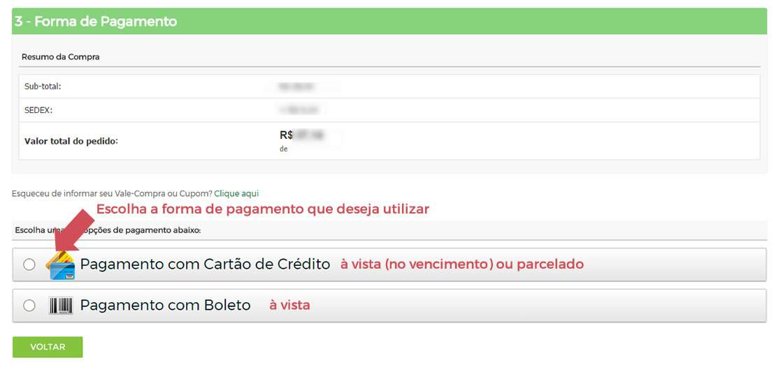 10 ? A seguir você deve escolher a forma de pagamento...