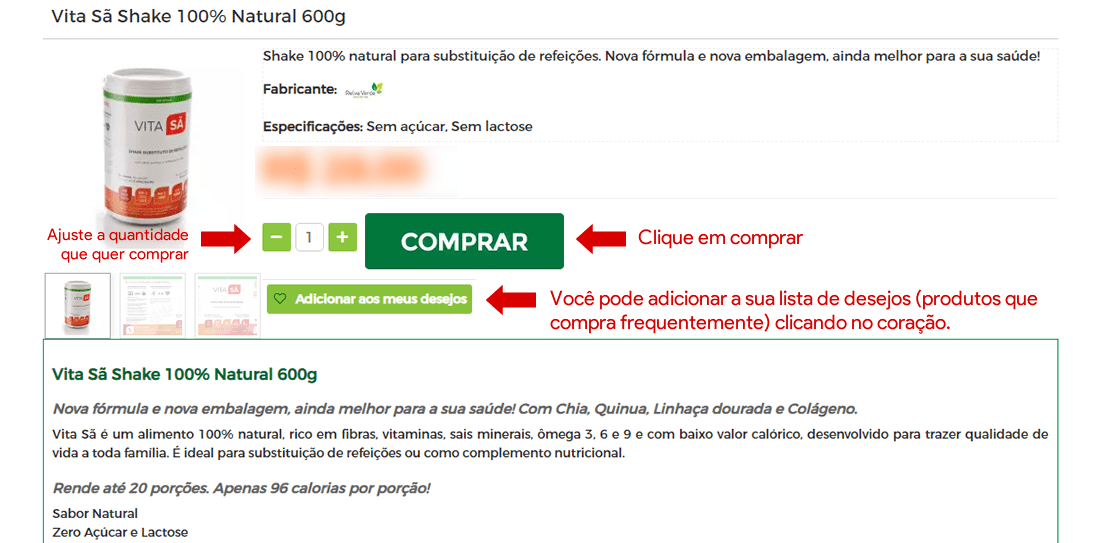 05 - Escolha o produto e clique em comprar (na galeria de produtos ou na página do próprio produto). Você pode alterar a quantidade de produtos a inserir no carrinho clicando em + ou -.