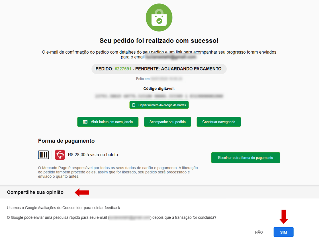 11 - Ao clicar em finalizar você será direcionado a página de conclusão de compra, com o número do seu pedido, botão para impressão do boleto (caso tenha optado por essa forma de pagamento) e confirmação dos dados.
