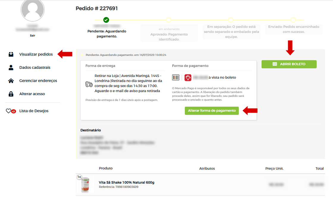 12 - Para acompanhar o seu pedido, clique em Meus pedidos no topo do site ou no rodapé, depois vá em Visualizar Pedidos no menu lateral esquerdo. Selecione o pedido, aqui você pode conferir os dados, trocar a forma de pagamento, ou abrir novamente o boleto (se for essa sua opção de pagamento).