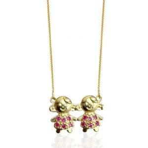 Colar Banhado a Ouro com Pingente de Meninas e Pedras Rosas