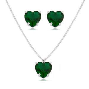 Conjunto Colar e Brincos de Corao Verde Esmeralda em Prata 925