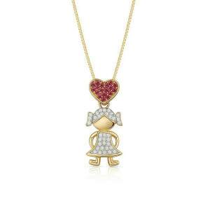Colar Banhado a Ouro com Pingente de Menina e Corao Rosa