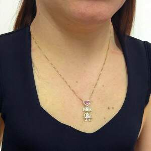 Colar Banhado a Ouro com Pingente de Menina e Corao Rosa