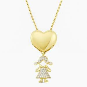 Colar Corao Menina Filha Cravejado com Pedras Banhado a Ouro
