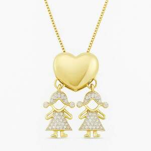 Colar Corao Meninas Filhas Cravejado com Pedras Banhado a Ouro