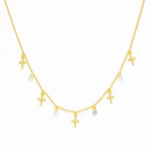 Colar Choker Pedrinhas e Cruz Chapados Banhado a Ouro