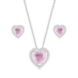 Conjunto Colar e Brincos Corao Moldura Rosa em Prata 925