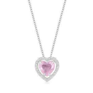 Colar Corao Pedra Rosa Moldura Cravejada em Prata 925
