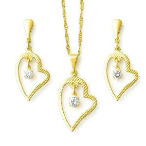 Conjunto Colar e Brincos Corao Pedrinha Folheado a Ouro