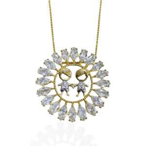 Colar 2 Filho Meninos Mandala Com Pedras Cristais Banhado a Ouro