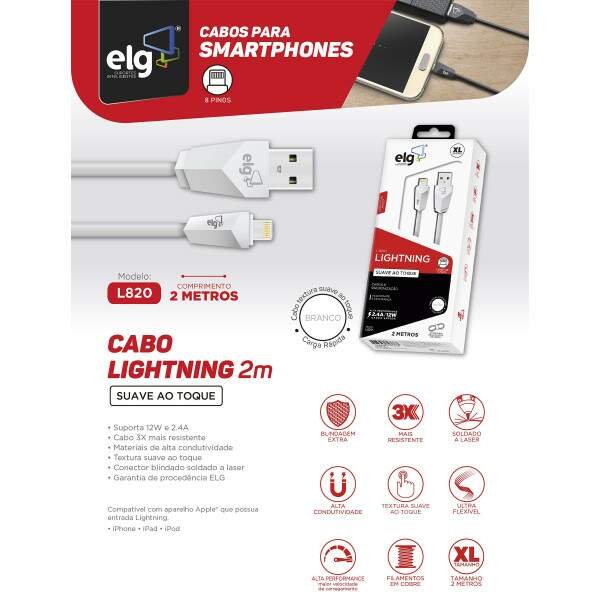 Cabo Branco 2m Lightning Elg L820 Comp Iphone6 Plus Original