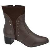 Bota Social Comfort Bico Redondo Cano Curto Salto 4cm - Couro Café/ Camurça Café