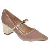 Scarpin Bico Fino Salto Grosso 6,5cm - Veludo Blair Nude/ Spechio Ouro Light
