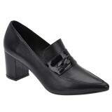 Scarpin Bico Fino Salto Grosso 6,5cm - Couro Preto/ Verniz Preto