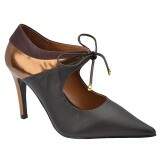Sapato Bico Fino Salto Fino 10cm - Couro Café/ Specchio Bronze/ Couro Wine