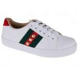 Tênis Feminino em Couro - Couro Branco/ Gorgurão Verde e Vermelho