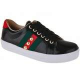 Tênis Feminino em Couro - Verniz Preto/ Gorgurão Verde/ Vermelho