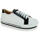 Sapatênis Feminino Plataforma 4cm - Couro Branco/ Vz Preto/ Sola Branca e Preta