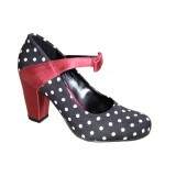 Sapato Retrô Boneca Salto Grosso 7cm ou Salto Fino 7cm - Poa Preto e Branco/ Cetim Veermelho