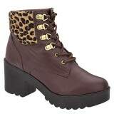 Bota Coturno Feminino Sola Borracha Salto 7cm - Couro Pinhão/ Onça