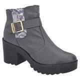Bota Coturno Feminino Sola Borracha Salto 7cm - Couro Cinza/ Cobra Cinza