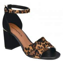 Sandália Social Salto 8,5cm - Pelo Onça Bege/ Nobuck Preto