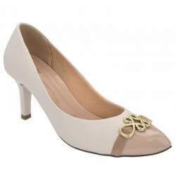 Scarpin Tradicional Salto 8cm - Verniz Amêndoa/ Napa Salamanta Off White/ Passador Nobuck Loei Pele